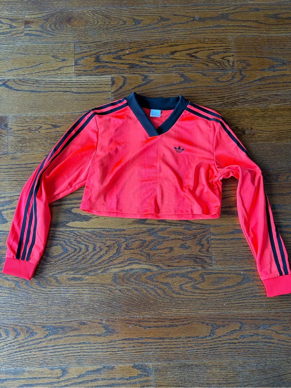 adidas Neon Red Cropped V-Neck Long-Sleeve Top with Black Stripes
